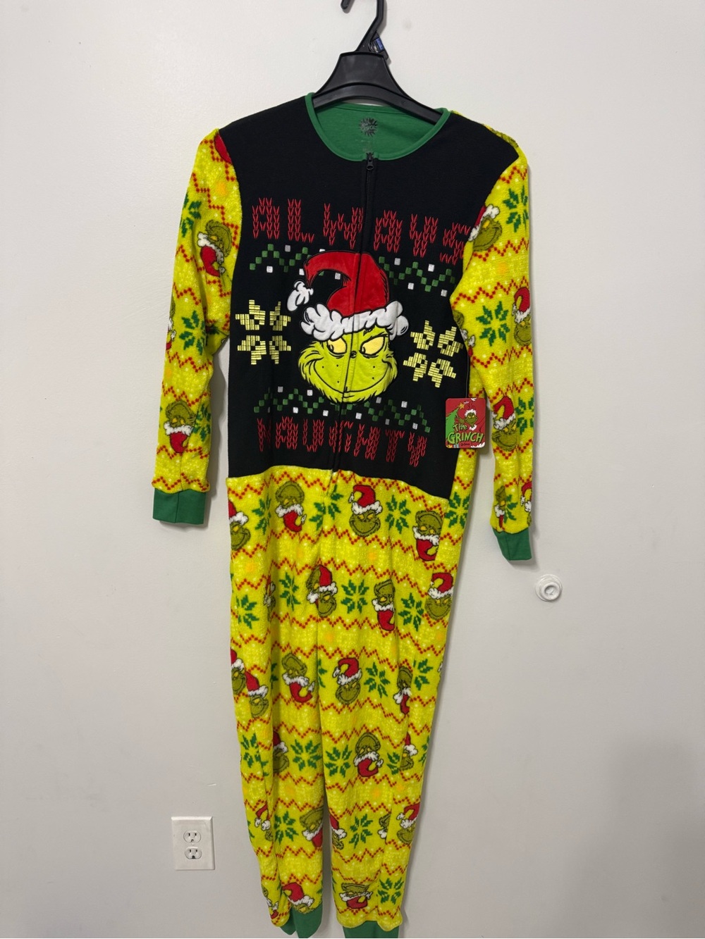 Grinch Kids Yellow Holiday Onesie Pajamas with Black Chest Panel